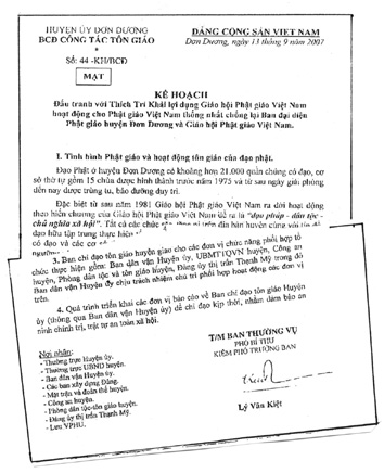 « Plan Secret » n° 44-KH/BCD, « Plan de lutte contre Thich Tri Khai qui trompe le Sangha Bouddhiste du Vietnam et travaille pour l’Eglise Bouddhique Unifiée du Vietnam pour s’opposer au Bureau Bouddhiste du District de Don Duong et au Sangha Bouddhiste du Vietnam » (13 September 2007)