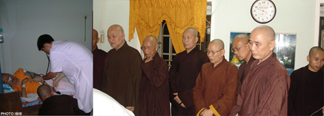Patriarch Thich Huyen Quang returns to Nguyen Thieu Monastery, greeted by (from the left): Thich Quang Do, Thich Thien Hanh, Thich Vien Dinh and other UBCV monks