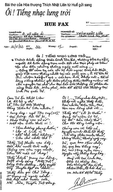 Bài thơ HT Nhật Liên gửi Fax sang Quê Mẹ ở Paris ngày 12.5.1992