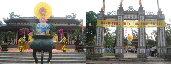 Lễ đài Phật Đản trước mặt tiền Tổ đình Quốc Ân, hình bên phải là cổng tam quan Tổ đình Quốc Ân