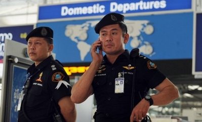 Airport security officers are seen at Suvarnabhumi international airport in Bangkok. Thailand has refused entry to two human rights campaigners due to speak at a Bangkok press conference Monday about alleged abuses in neighbouring Vietnam, a journalists' organisation said (AFP/File/Saeed Khan).