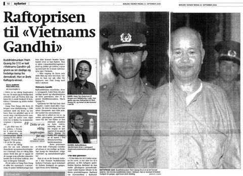 The Norwegian media reports Thich Quang Dos Rafto Prize in 2006