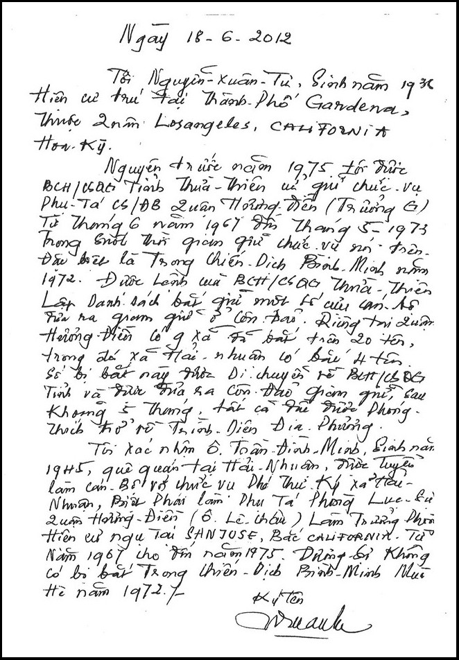 Thư viết tay của cựu Phụ tá Cảnh sát Đặc biệt Nguyễn Xuân Tư xác nhận từ 1967 đến 1975 ông Trần Đình Minh không hề bi bắt - Hình PTTPGQT