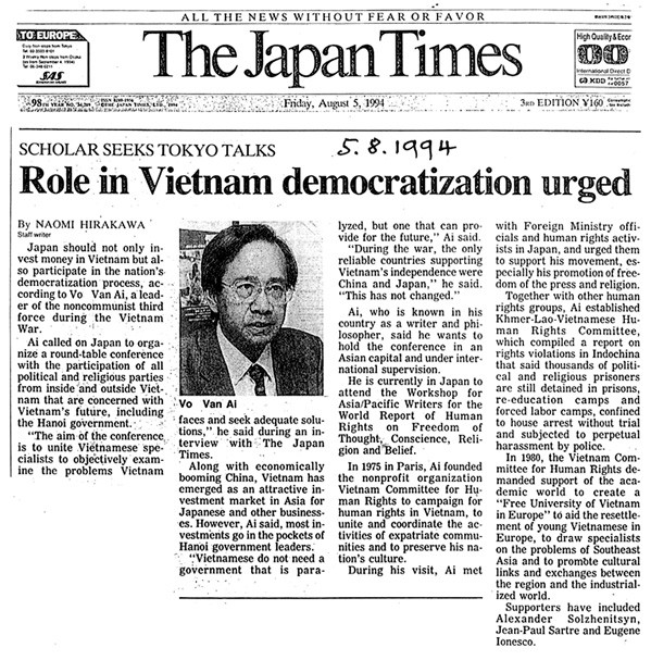 Báo Japan Times ở Tokyo, Nhật Bản, viết về chuyến tác giả đi vận động chính giới cho dự án Hóa giải, tháng 4 năm 1994