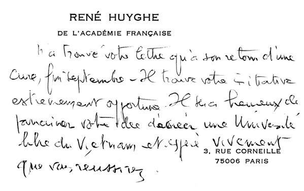 Thư nhận lời vào Ủy ban Bảo trợ Đại học Việt Nam của Giáo sư René Huyghe thuộc Hàn Lâm Viện Pháp