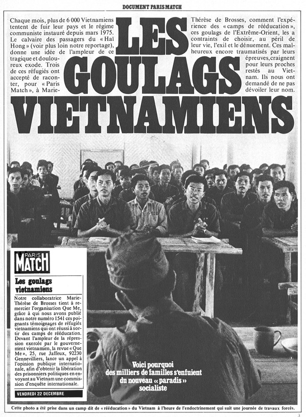 Cơ sở Quê Mẹ cung cấp hồ sơ Trại Cải tạo (bản đồ các Trại Cải tạo tại miền Nam, hình thức còng tay, trói khuỷu, giam trong thùng Connex… cũng như dẫn đi phỏng vấn các tù nhân cải tạo vừa đến Pháp) để Tuần báo Paris Match viết loạt bài “Les Goulags Vietnamiens” số 1541 ra ngày 8.12.1978 gây chấn động công luận Tây phương. Paris Match đã viết lời cám ơn Cơ sở Quê Mẹ và giới thiệu Lời Kêu gọi của Quê Mẹ yêu sách trả tự do cho tù nhân chính trị