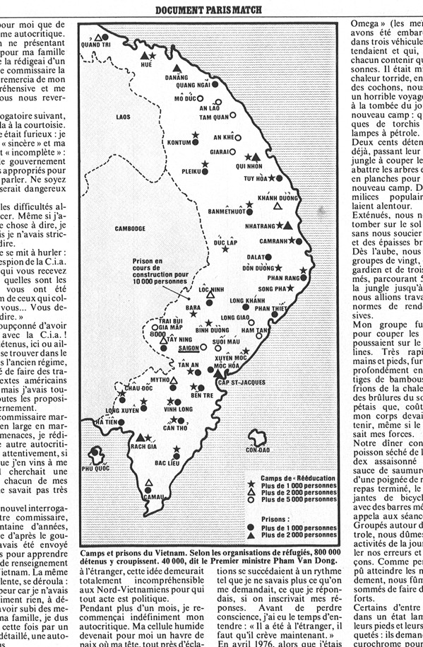 Cơ sở Quê Mẹ cung cấp hồ sơ Trại Cải tạo (bản đồ các Trại Cải tạo tại miền Nam, hình thức còng tay, trói khuỷu, giam trong thùng Connex… cũng như dẫn đi phỏng vấn các tù nhân cải tạo vừa đến Pháp) để Tuần báo Paris Match viết loạt bài “Les Goulags Vietnamiens” số 1541 ra ngày 8.12.1978 gây chấn động công luận Tây phương. Paris Match đã viết lời cám ơn Cơ sở Quê Mẹ và giới thiệu Lời Kêu gọi của Quê Mẹ yêu sách trả tự do cho tù nhân chính trị