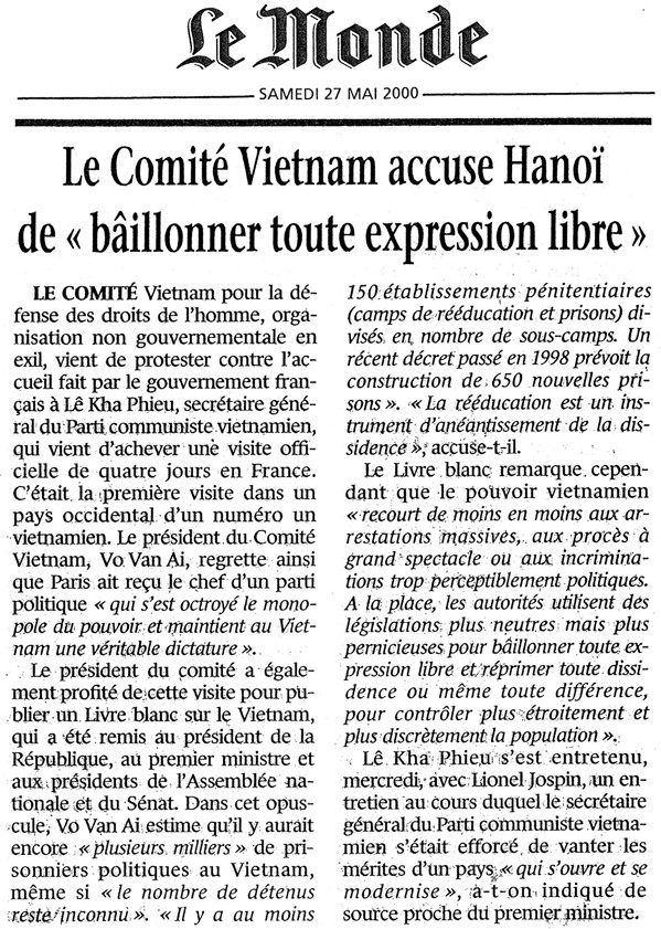 Nhật báo Le Monde, Paris, 27.5.2000 viết về Bạch Thư của chúng tôi chống việc Chính phủ Pháp tiếp đón Lê Khả Phiêu.