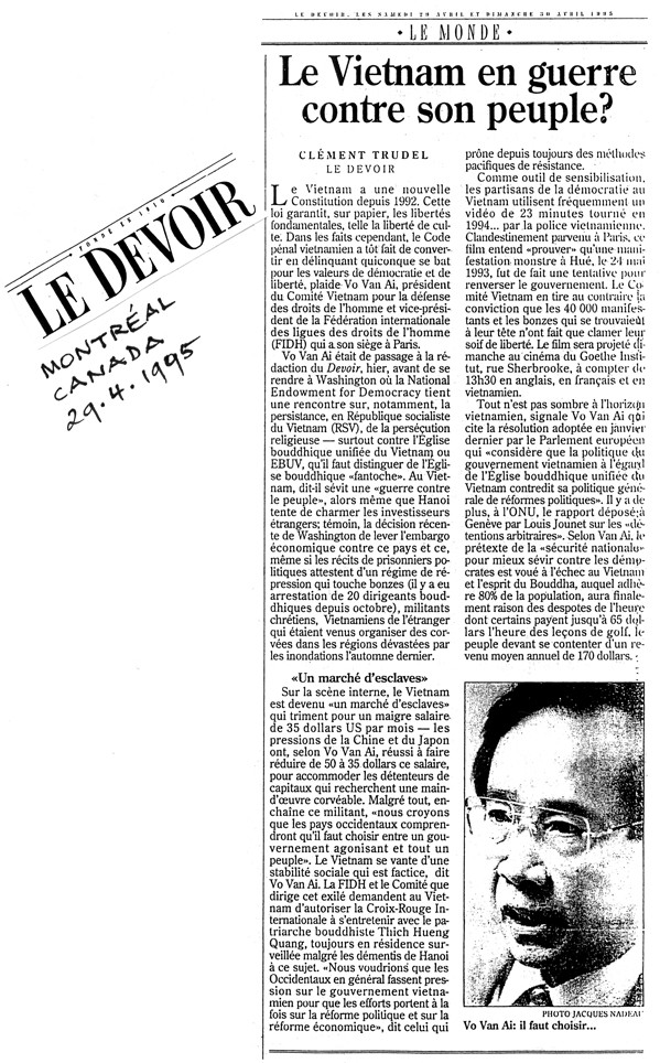 Nhật báo Le Devoir, Canada, 29.4.1995, tố cáo Nhà cầm quyền Hà Nội và Đảng Cộng sản gây chiến với nhân dân Việt.
