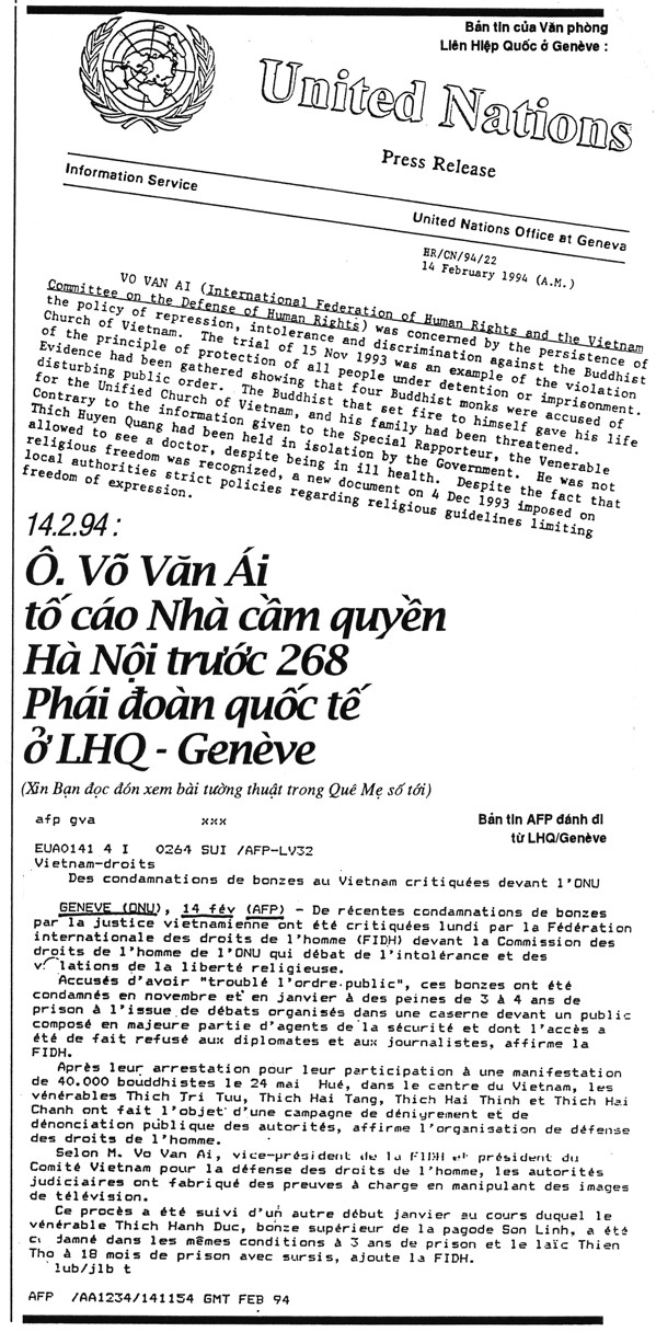 Tác giả cập nhật hóa hồ sơ vi phạm nhân quyền và phát biểu thường niên tại Ủy hội Nhân quyền LHQ ở Genève. Ủy ban Bảo vệ Quyền Làm Người Việt Nam là tổ chức người Việt dân tộc duy nhất đối diện với Phái đoàn Cộng sản Hà Nội tại LHQ từ năm 1985 cho đến nay. Dưới đây là bản tin của LHQ và hãng thông tấn AFP đánh đi từ Genève về lời phát biểu của tác giả.