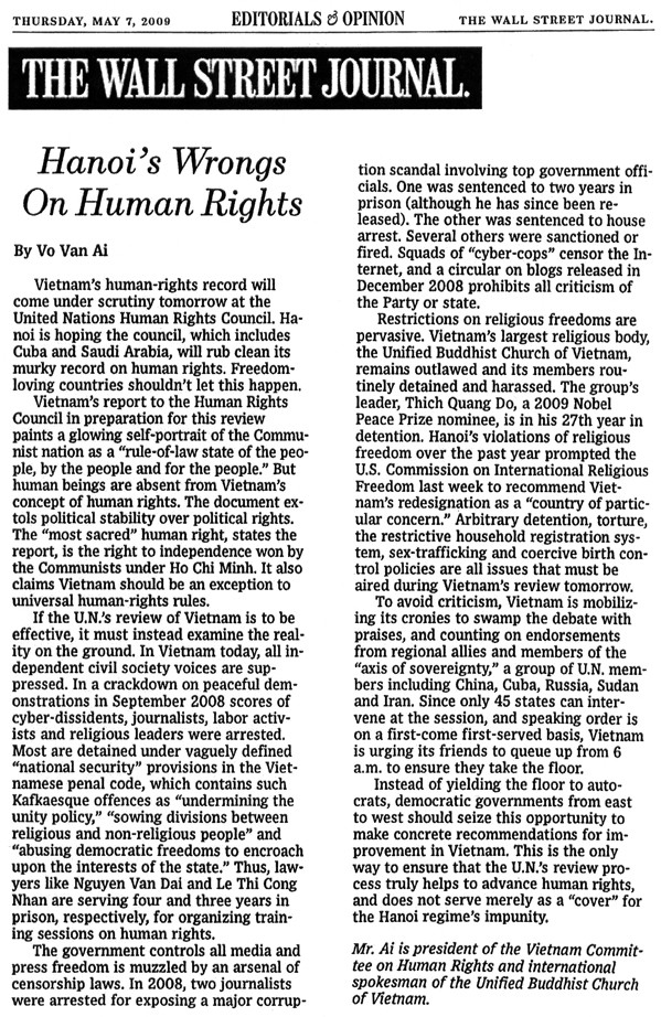 Bài viết cho Wall Street Journal số ra ngày 7.5.2009 về nhân quyền Việt Nam nhân dịp Thứ trưởng Ngoại giao Hà Nội đến Hội đồng Nhân quyền LHQ ở Geneve phúc trình theo thể thức Kiểm điểm Thường kỳ Toàn diện (Universal Periodic Review).