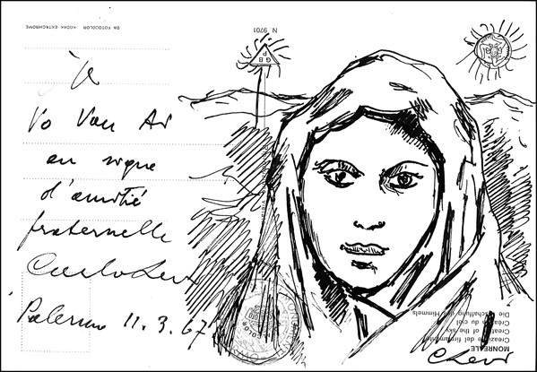 Sau khi nghe tôi thuyết trình về Việt Nam tại thành phố Palerme trên đảo Sicile, Carlo Levi vẽ bộ mặt người đàn bà ở Sicile tặng tôi với dòng đề “Tặng Võ Văn Ái trong tình bằng hữu huynh đệ - Palerme 11.3.1967”